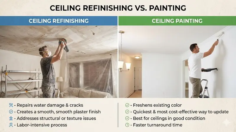 Smooth refinished ceiling compared with a freshly painted textured ceiling
