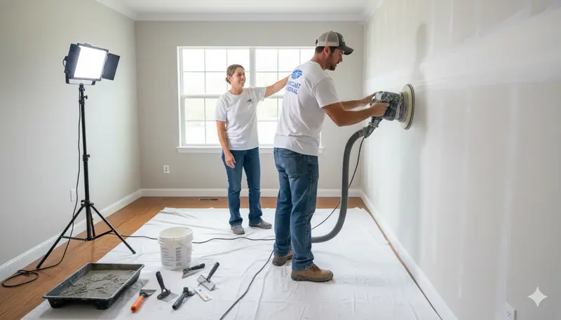 Homeowner comparing written drywall repair quotes at a kitchen table