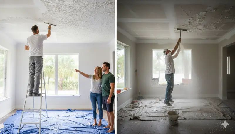 Room sealed in plastic sheeting during popcorn ceiling removal in a Clearwater home