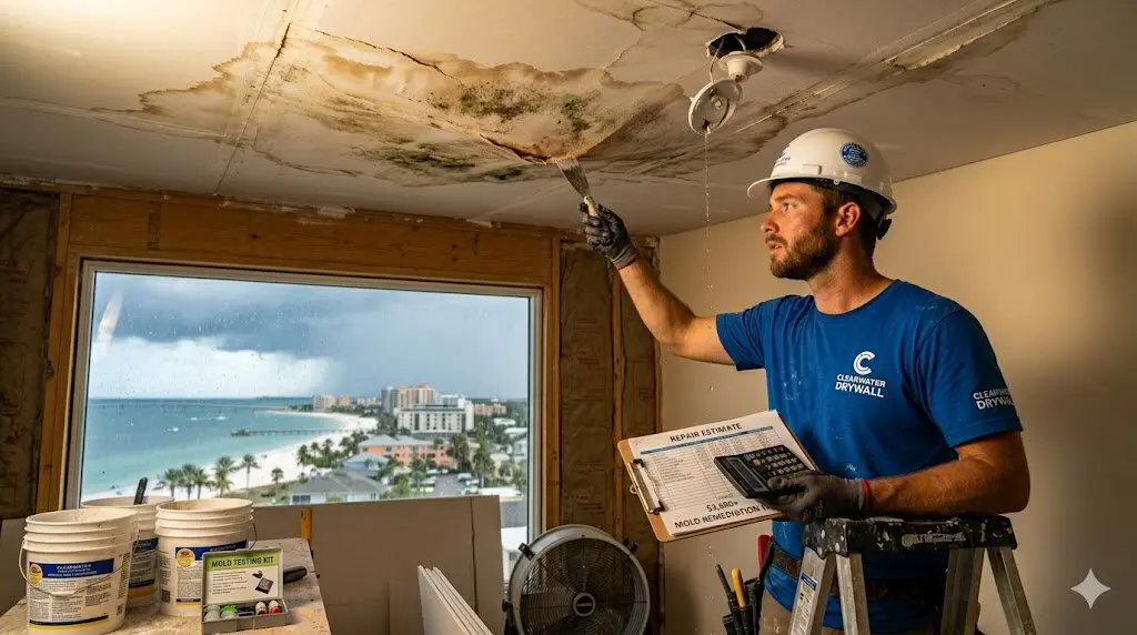 Water-stained drywall ceiling being measured for a repair estimate