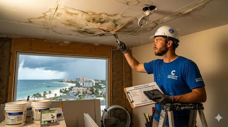 Water-stained drywall ceiling being measured for a repair estimate