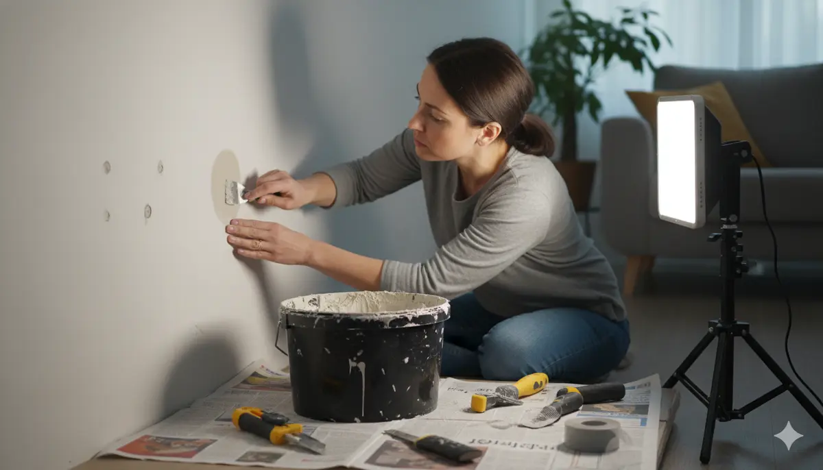 Drywall knives, joint compound, mesh tape and sanding sponge on a workbench