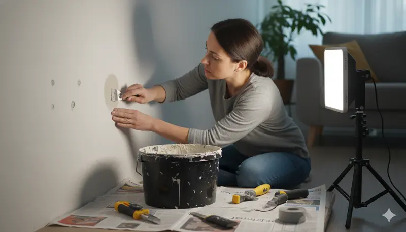 Drywall knives, joint compound, mesh tape and sanding sponge on a workbench