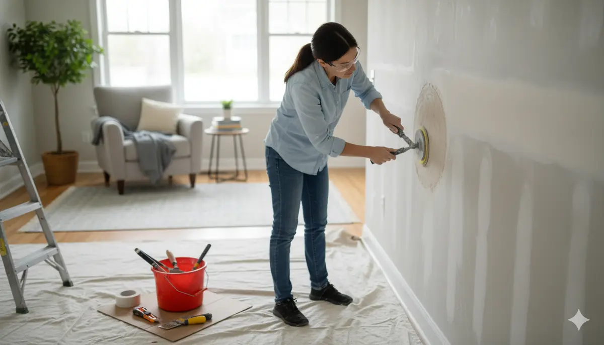 Homeowner speaking with a uniformed drywall technician at the front door
