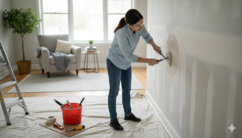 Homeowner speaking with a uniformed drywall technician at the front door
