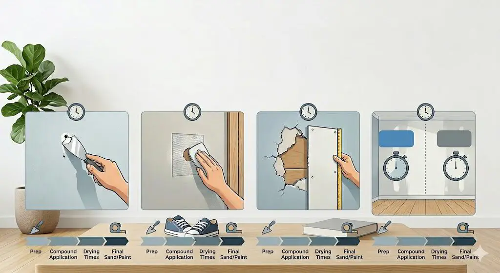 Technician applying joint compound to a drywall patch while it dries between coats