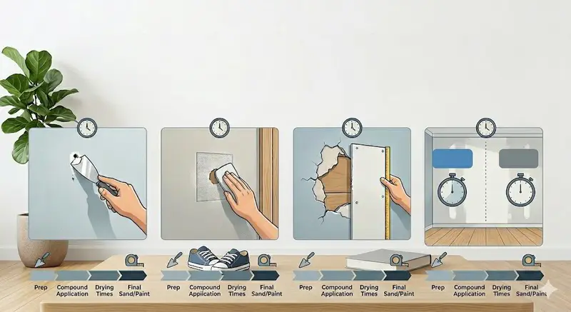 Technician applying joint compound to a drywall patch while it dries between coats