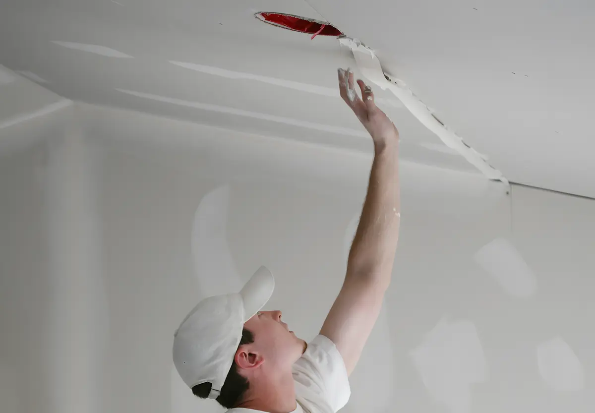 Drywall contractor inspecting a moisture-damaged wall in a Florida home