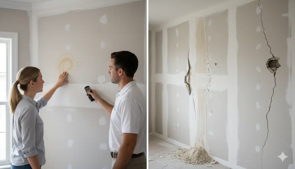 Homeowner pressing on a stained drywall ceiling to check for soft spots
