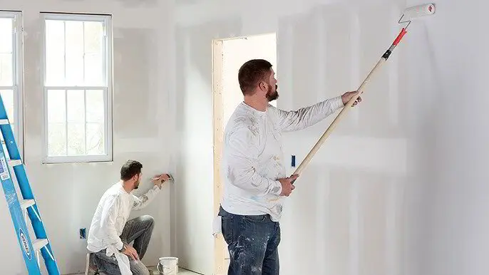 Living room prepared for painting with furniture covered and walls taped