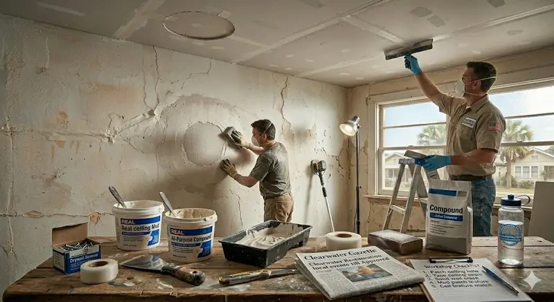 Technician smoothing joint compound over a repaired section of interior wall