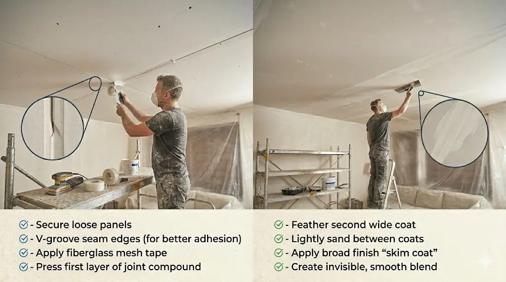 Wide drywall knife feathering joint compound over a re-taped wall seam