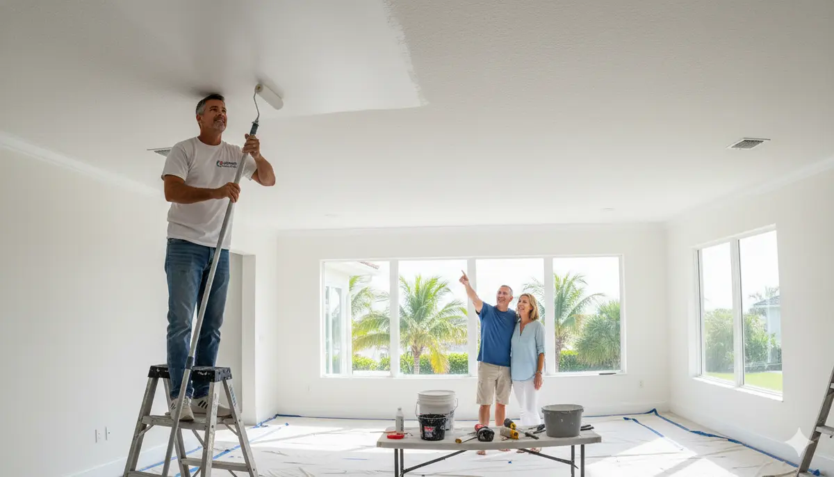 Smooth freshly refinished white ceiling in a bright Clearwater living room