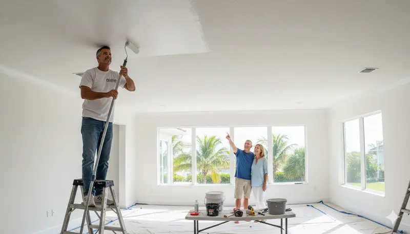 Smooth freshly refinished white ceiling in a bright Clearwater living room