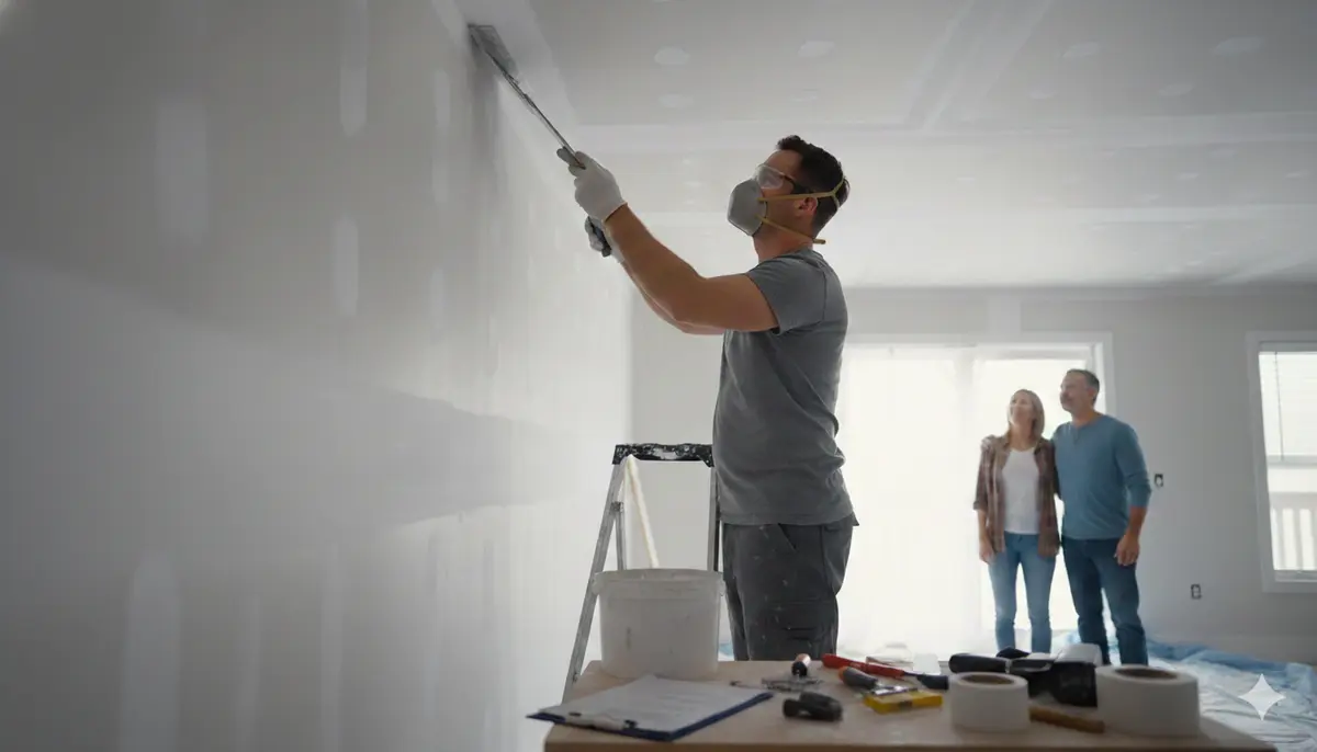 Hairline crack running along a taped drywall seam where wall meets ceiling