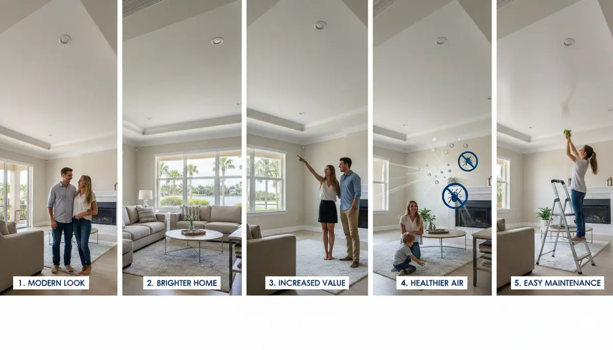 Bright living room with a newly refinished smooth white ceiling and ceiling fan