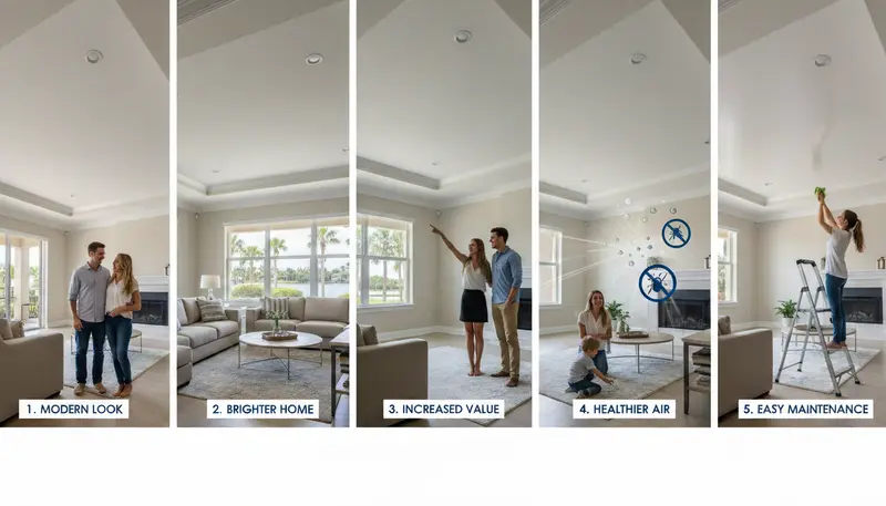 Bright living room with a newly refinished smooth white ceiling and ceiling fan