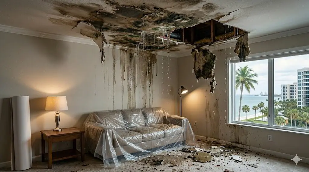 Brown water stain spreading across a white ceiling near a light fixture