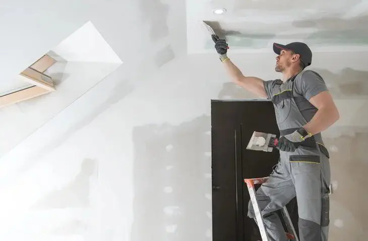 Drywall finisher skim coating a restored interior wall