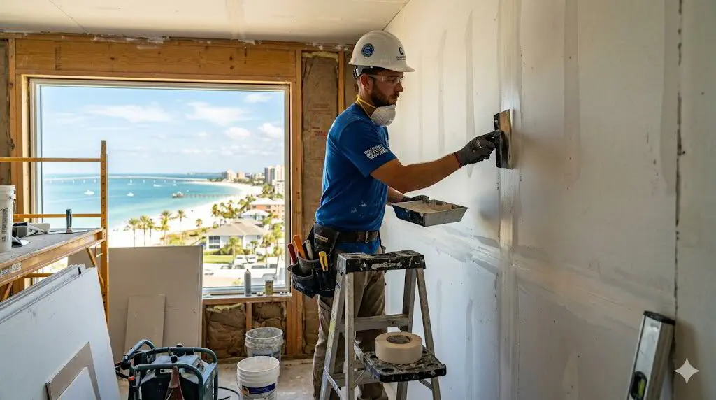 Homeowner reviewing a written drywall repair estimate at a kitchen table