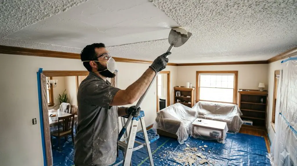 Popcorn ceiling texture being scraped off with a wide blade