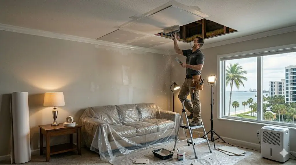 Sagging water-damaged ceiling drywall with a brown stain