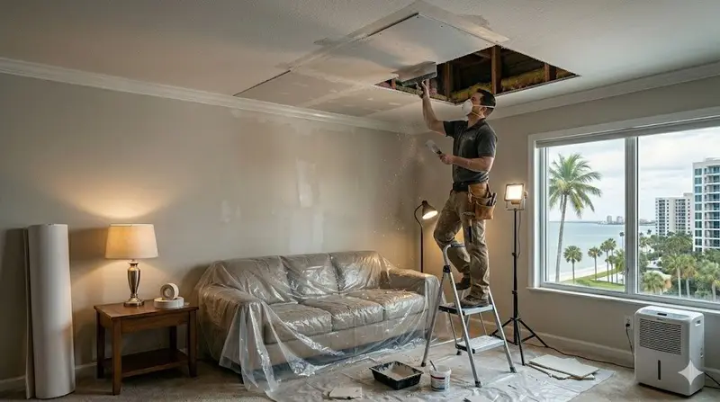Sagging water-damaged ceiling drywall with a brown stain