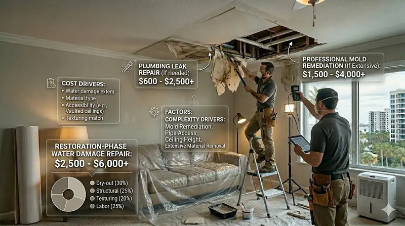 Technician on a ladder assessing a cracked ceiling in a Clearwater home