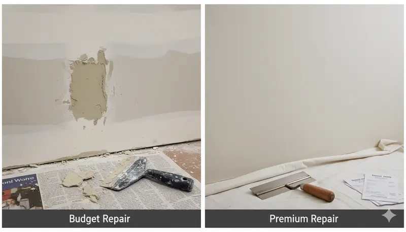 Several small drywall patches marked for repair on a hallway wall