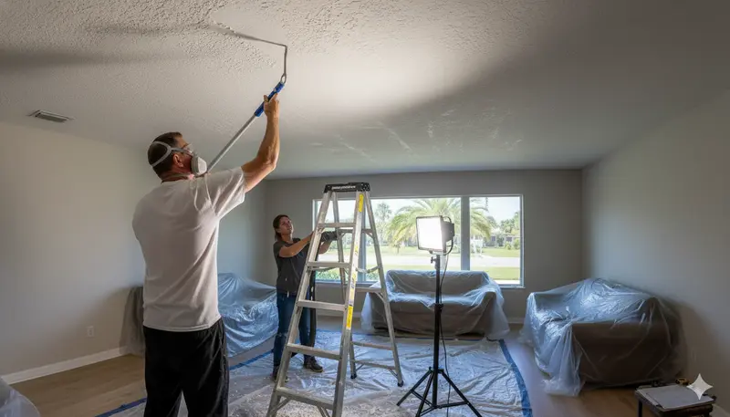 Room prepared with plastic sheeting for popcorn ceiling removal