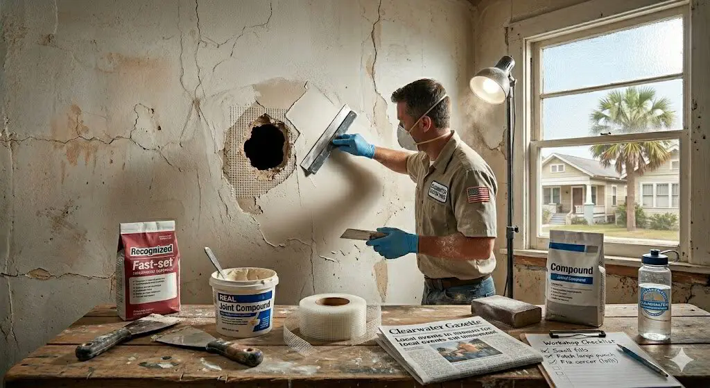 Cracked plaster wall in an older Florida home ready for repair