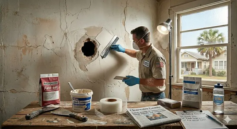 Cracked plaster wall in an older Florida home ready for repair